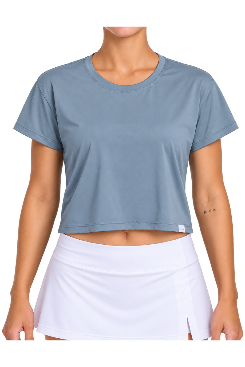 Camiseta Crop Deportiva Azul Acero para Mujer